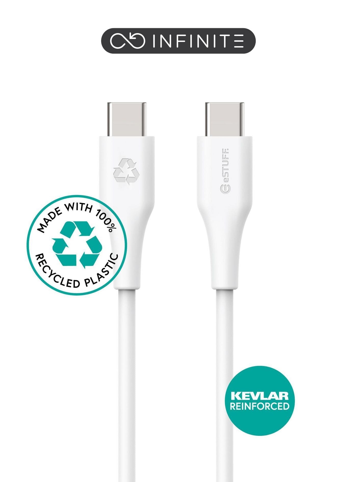Infinite Usb-C To Usb-C Cable - 2m White. Recycled Plastic. - Super Soft - Warranty: 60m