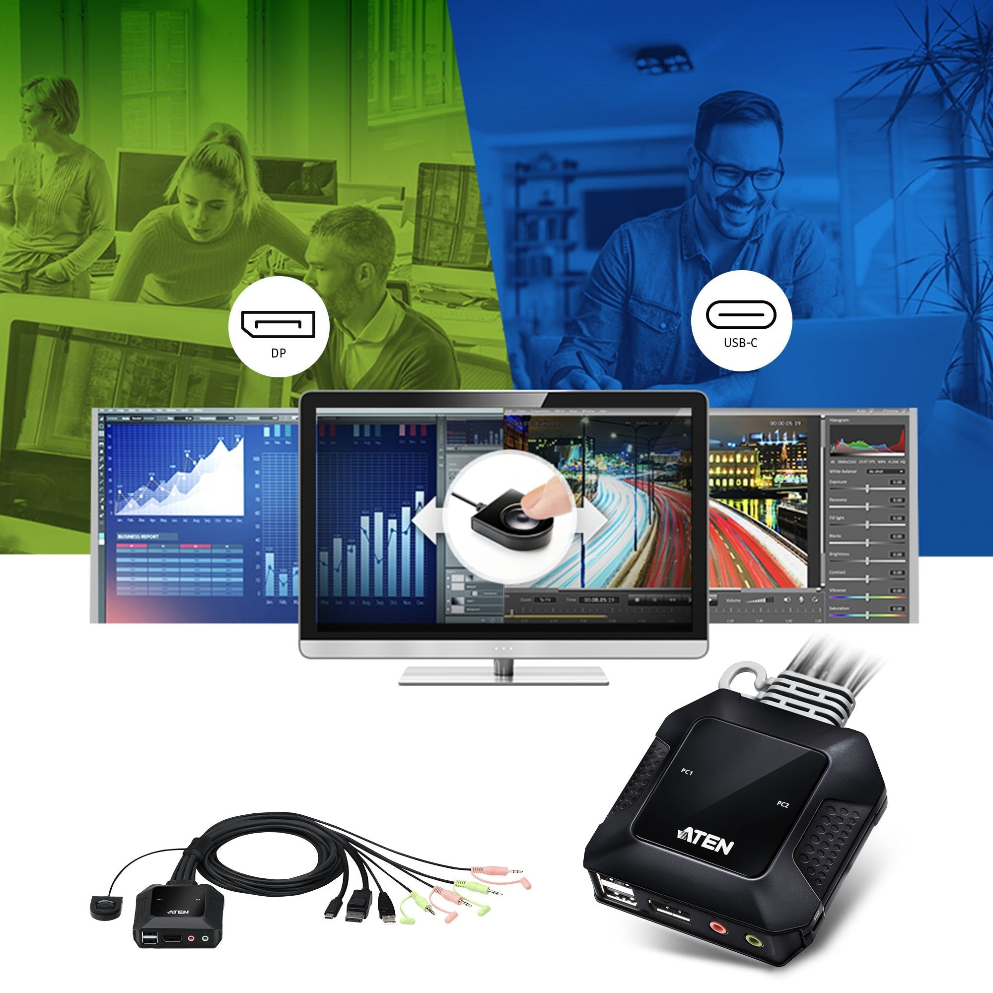 Aten Switch Kvm En Formato Cable Híbrido Displayport De 2 Puertos Usb-C