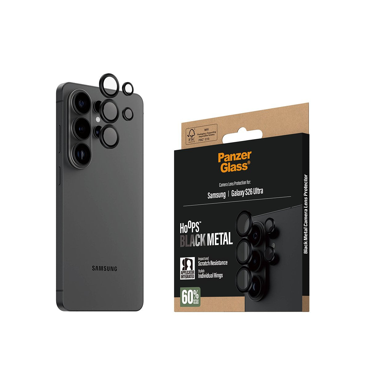 Panzerglass ® Hoops® Kameraschutz Negro Samsung Galaxy S26 Ultra, Samsung, Samsung - Galaxy S26 Ultra, Trockene Aplicación, Resistente A Arañazos, Resistente A Golpes, Negro, 1 Ud.