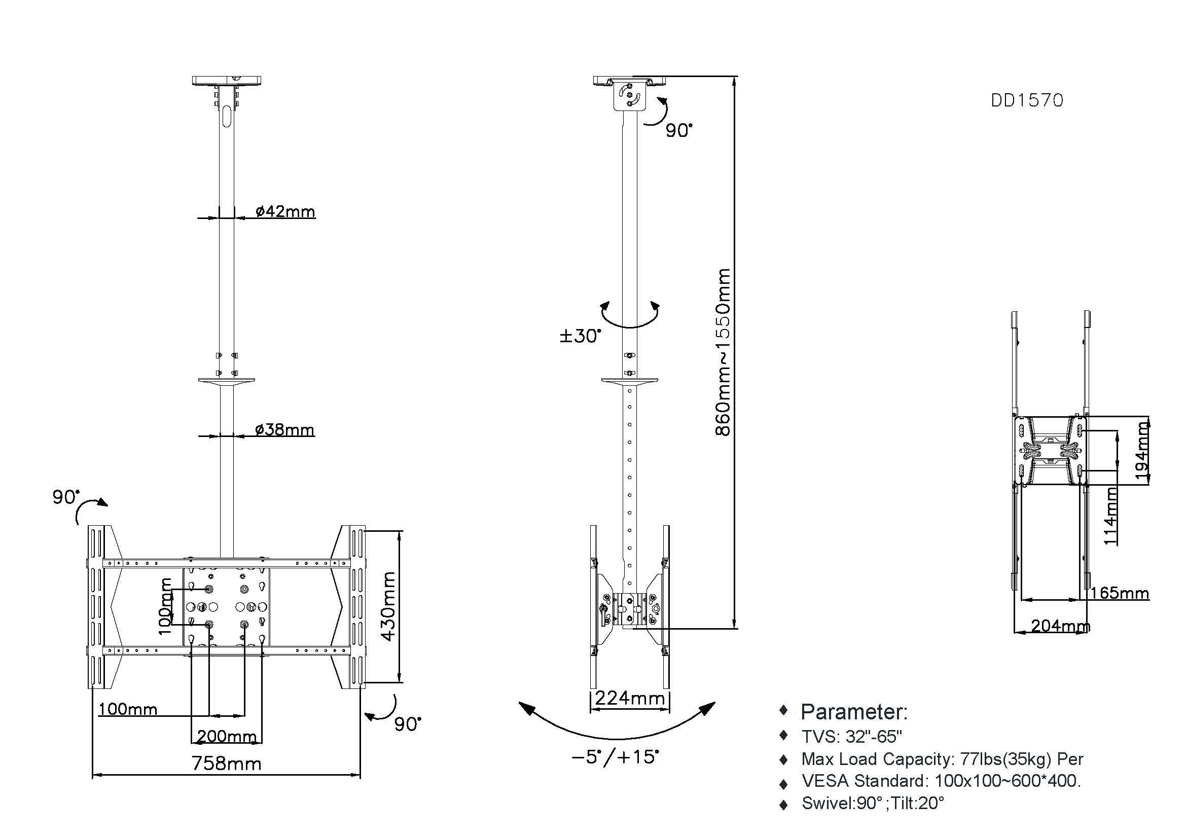 Equip Soporte De Techo Profesional Para 2 Pantallas Tv De 39"-75" - Inclinable Y Giratorio - Gestion De Cables - Peso Max 40kg X Soporte - Vesa 600x400mm