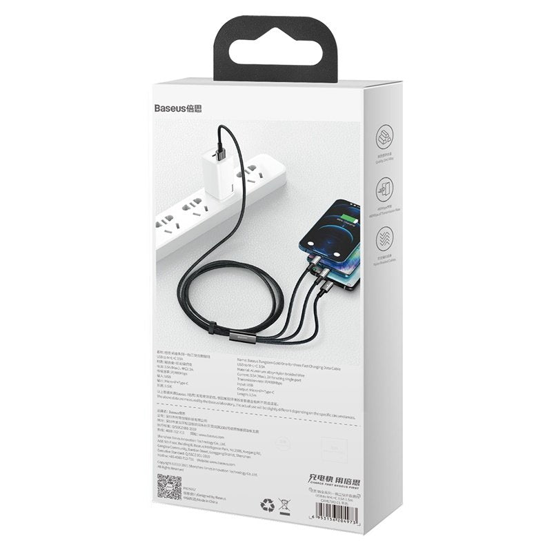 Baseus Tungsten Gold 3-In-1 Cable Usb 1,5 M Usb 2.0 Usb A Usb C.Micro Usb A/Lightning Negro