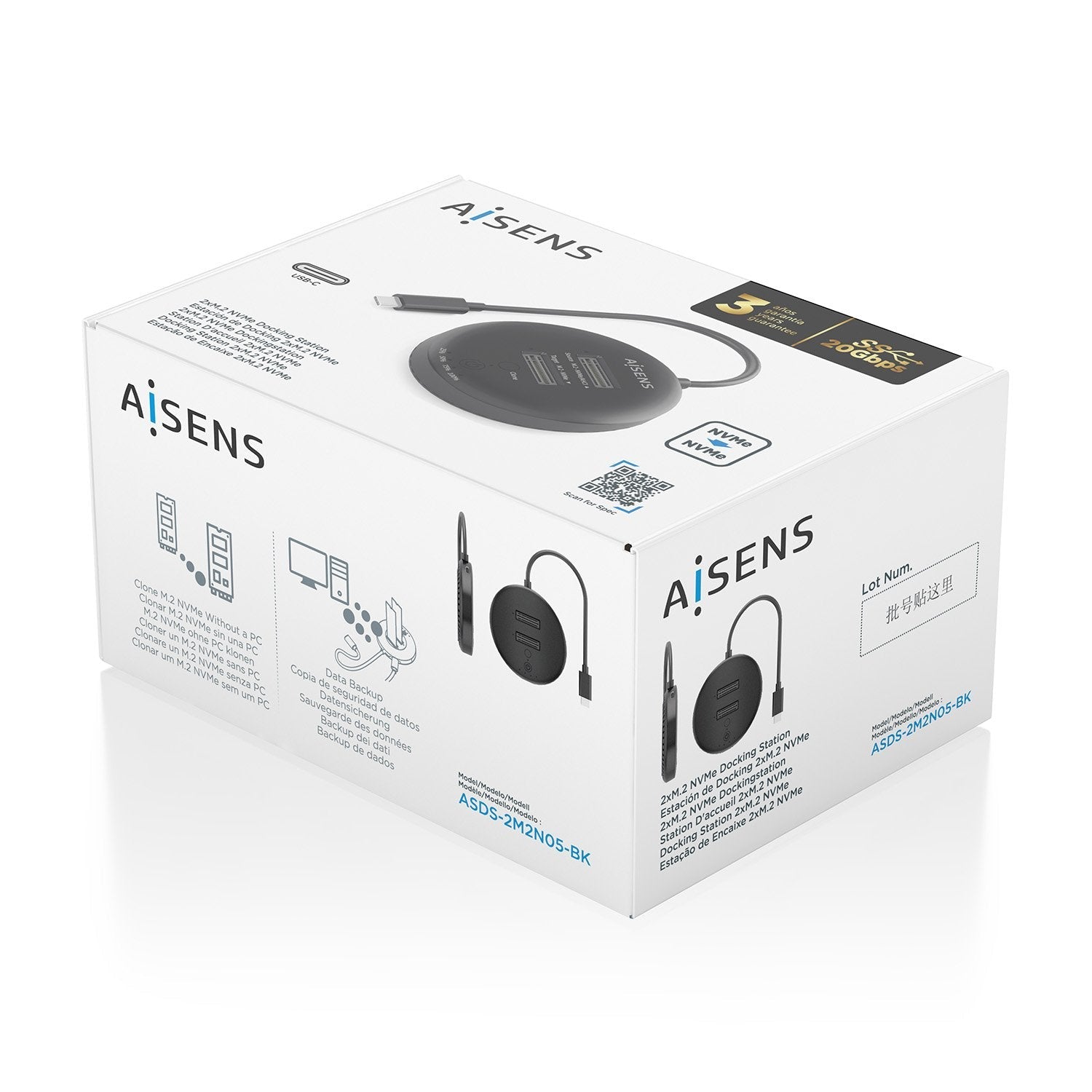 Aisens Estacion De Docking De Doble Bahia Nvme A Usb 3.2 Gen2x2, Clone, Negro