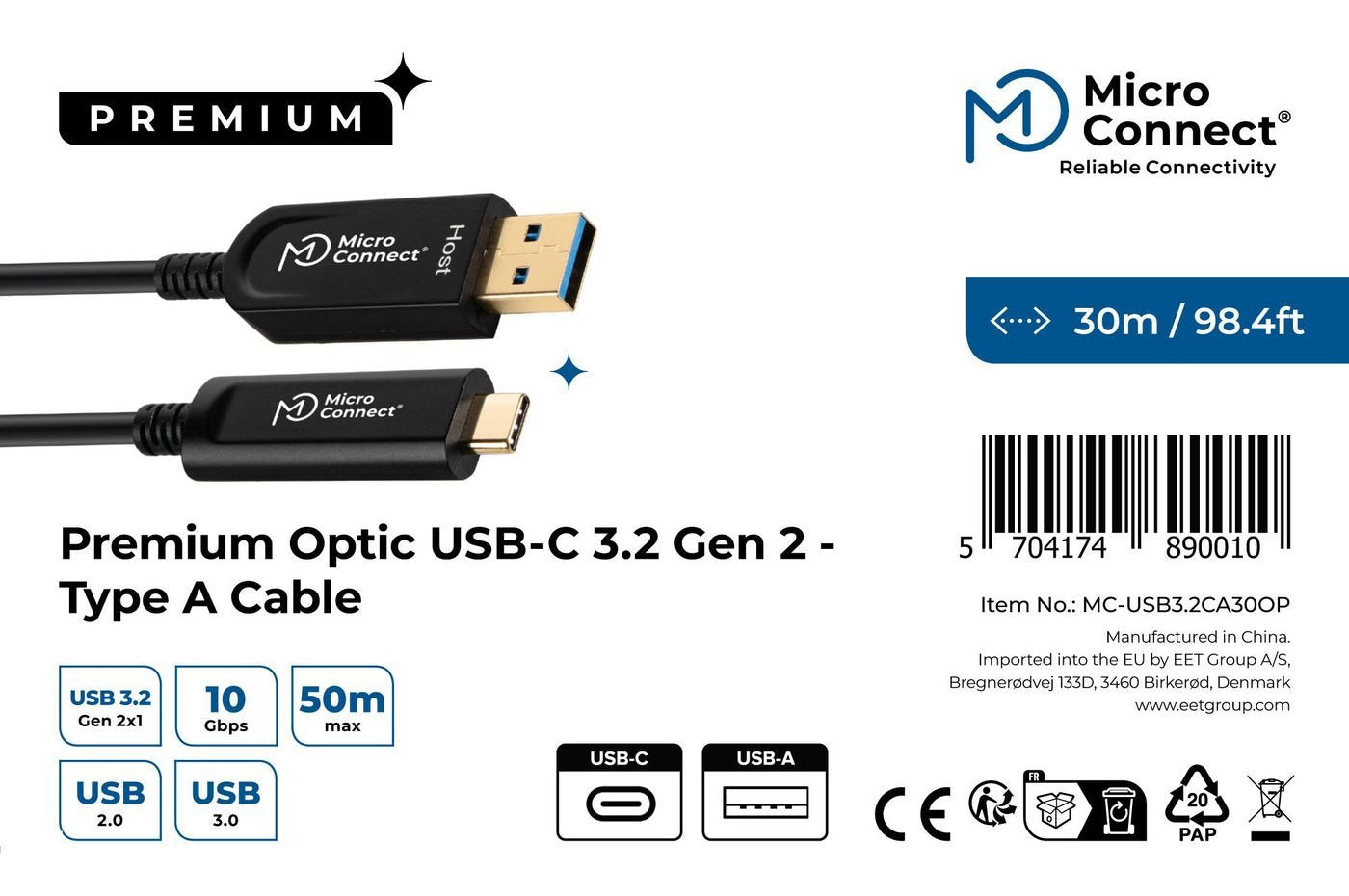 EAN 5704174890010 - Microconnect MC-USB3.2CA30OP cable USB USB 3.2 Gen 2 (3.1 Gen 2) 30 m USB A USB C Negro imagen 3