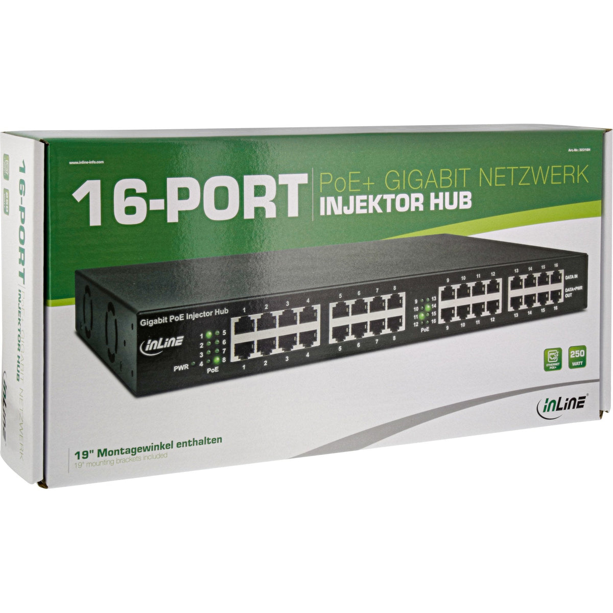 Inline Poe+ Gigabit Network Injector Hub 16 Puertos (16x Poe+), 1gbit/S, 19" (Soportes Incluidos), Metal, 2 Ventiladores