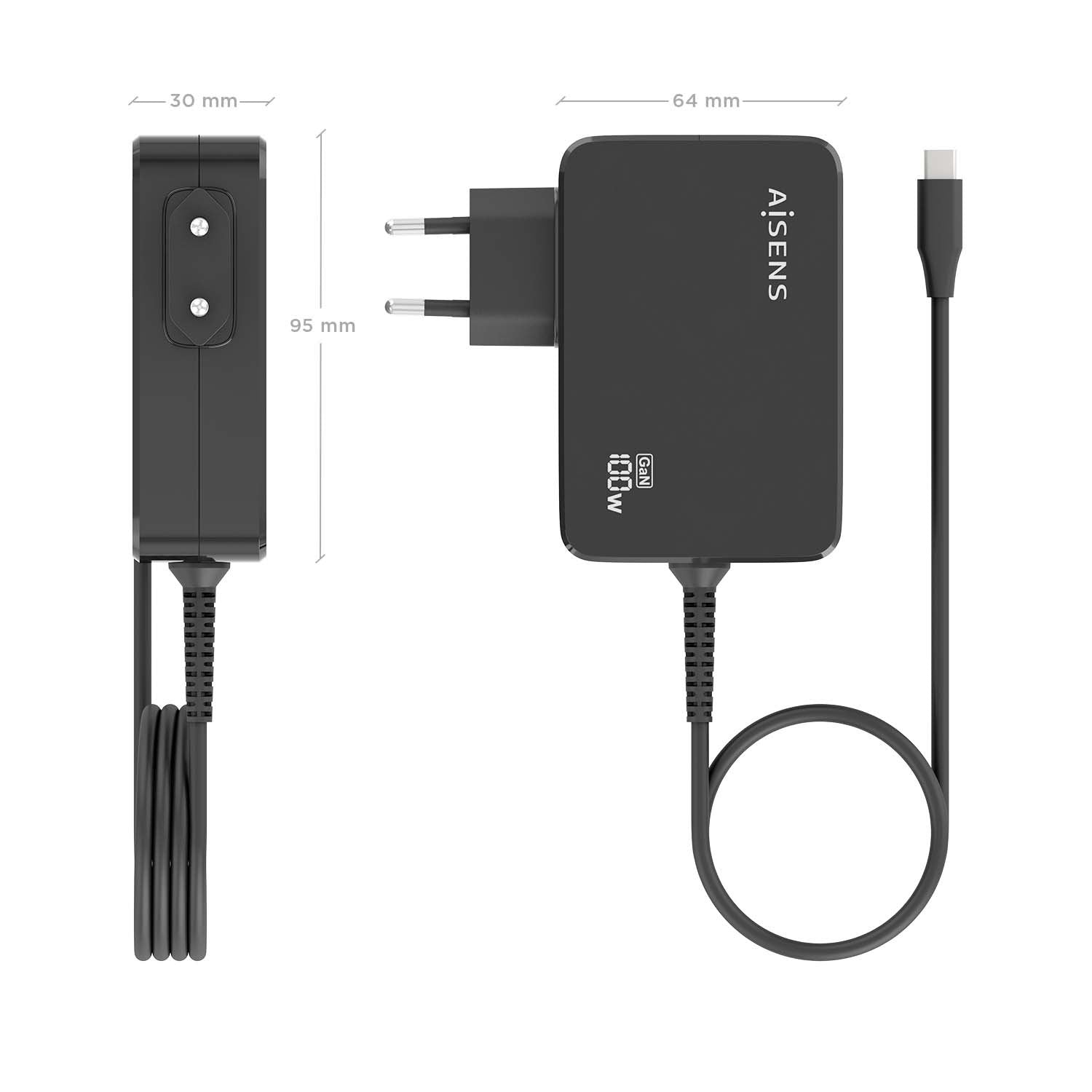Aisens Cargador Gan 100w Pd3.0 1xusb-C 1.8m, Negro