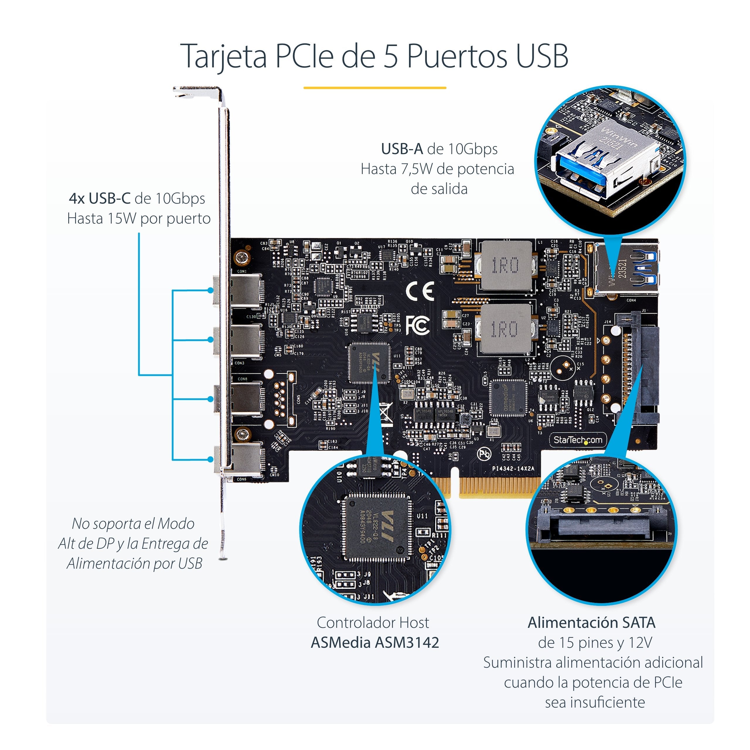 Tarjeta Pcie Startech.Com  De 5 Puertos Usb De 10gbps 4x Usb-C / 1x Usb-A - Hub Concentrador Interno Usb 3.2 De 10gbps - Tarjeta Pci Express 4 Puertos Usb Tipo C 1 Puerto Usb-A - Windows/Mac/Linux