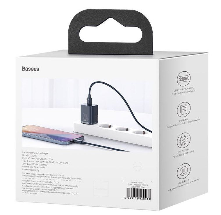 Baseus Travel Charger Set Super Si 1c Pd Fast Charger 20w Blue Eu (Ccsup-B03)