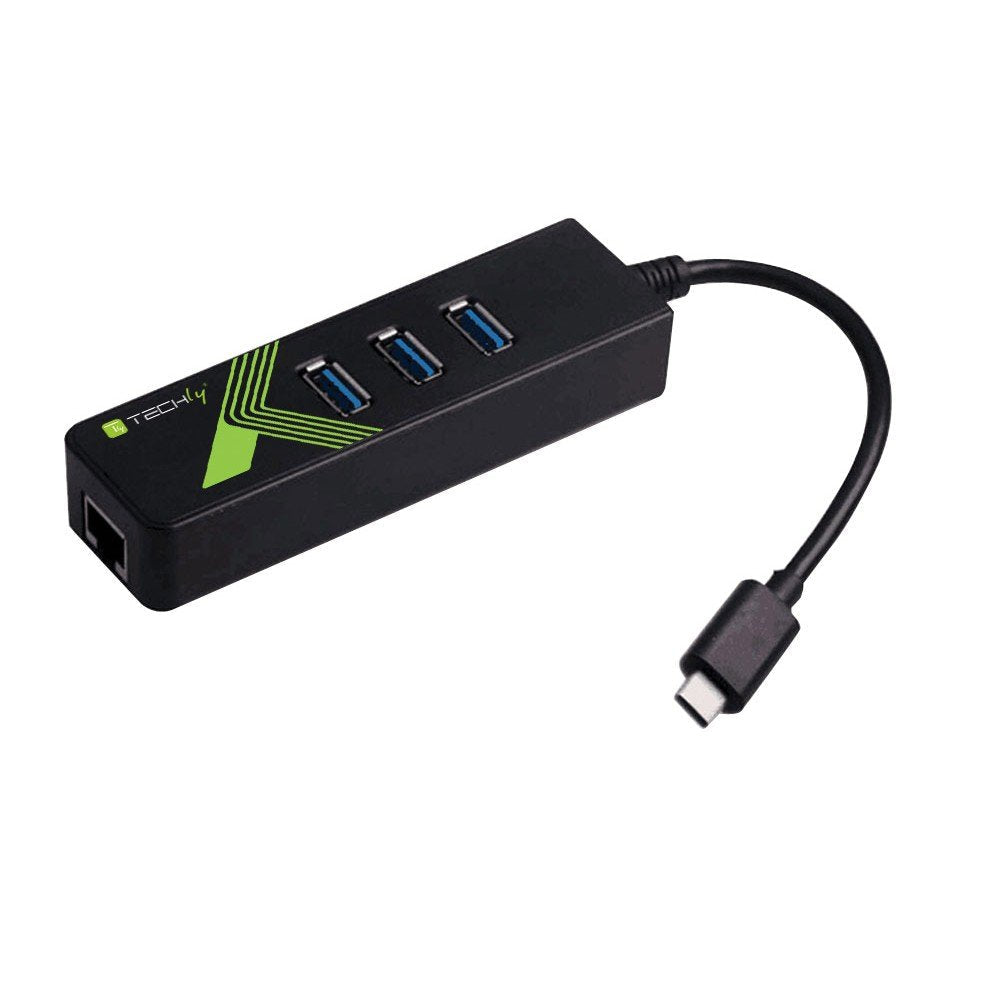 Techly Idata Usb-Etgiga-3c2 Tarjeta De Red/Adaptador Usb-C A Rj45 Gigabit, Hub 3x Usb 3.0