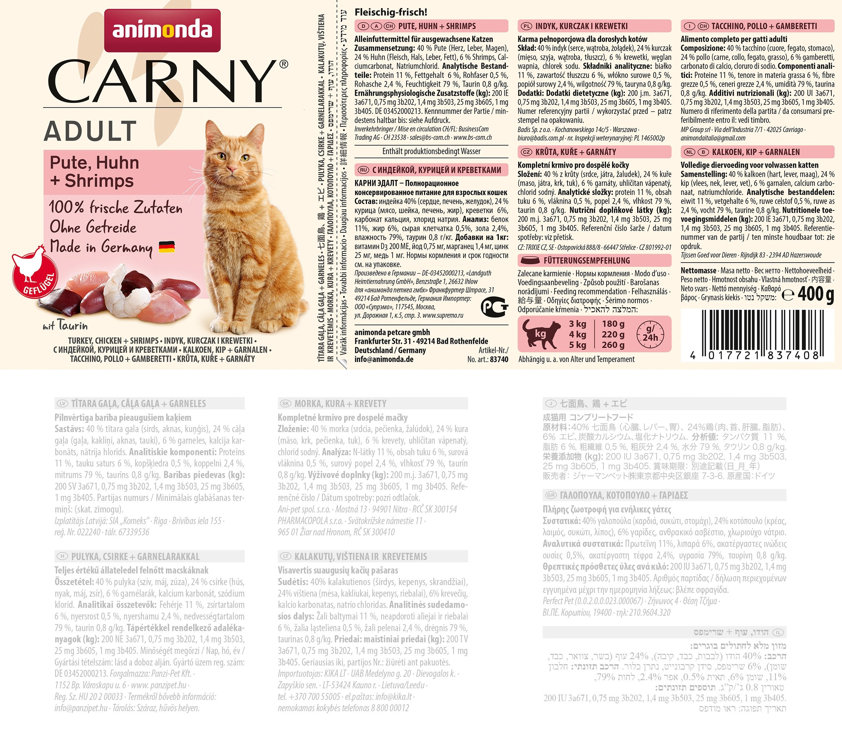 Animonda Carny Adult Sabor: Pavo, Pollo, Camarones - Comida Húmeda Para Gatos - 400g