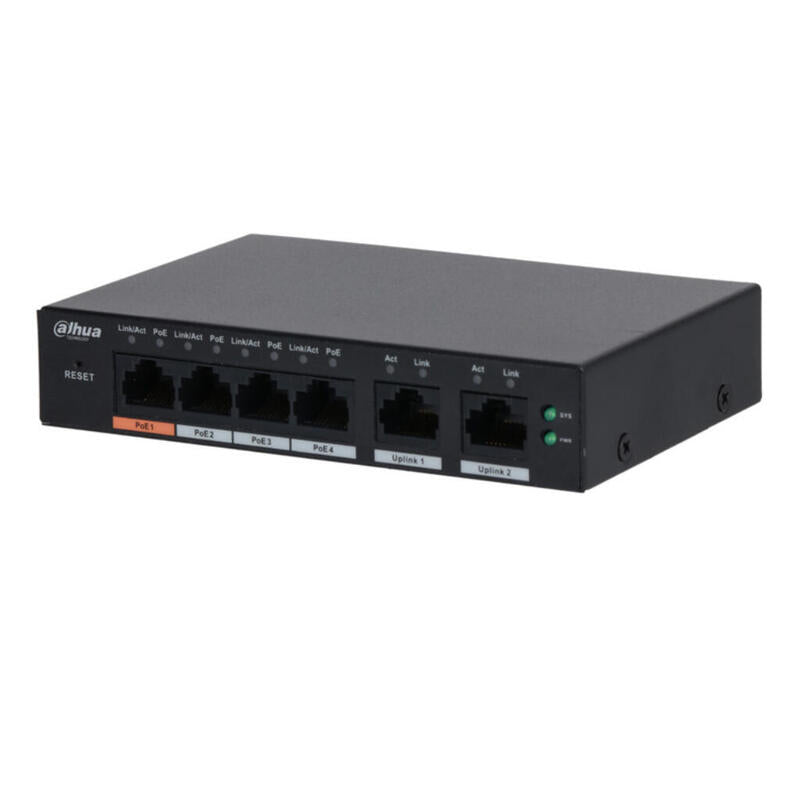 Dahua S4100-4et2et-60-C Switch Poe 2.0 4 Puertos 10/100 + 2rj45 Uplink 10/100 60w Manejable En Cloud Layer2