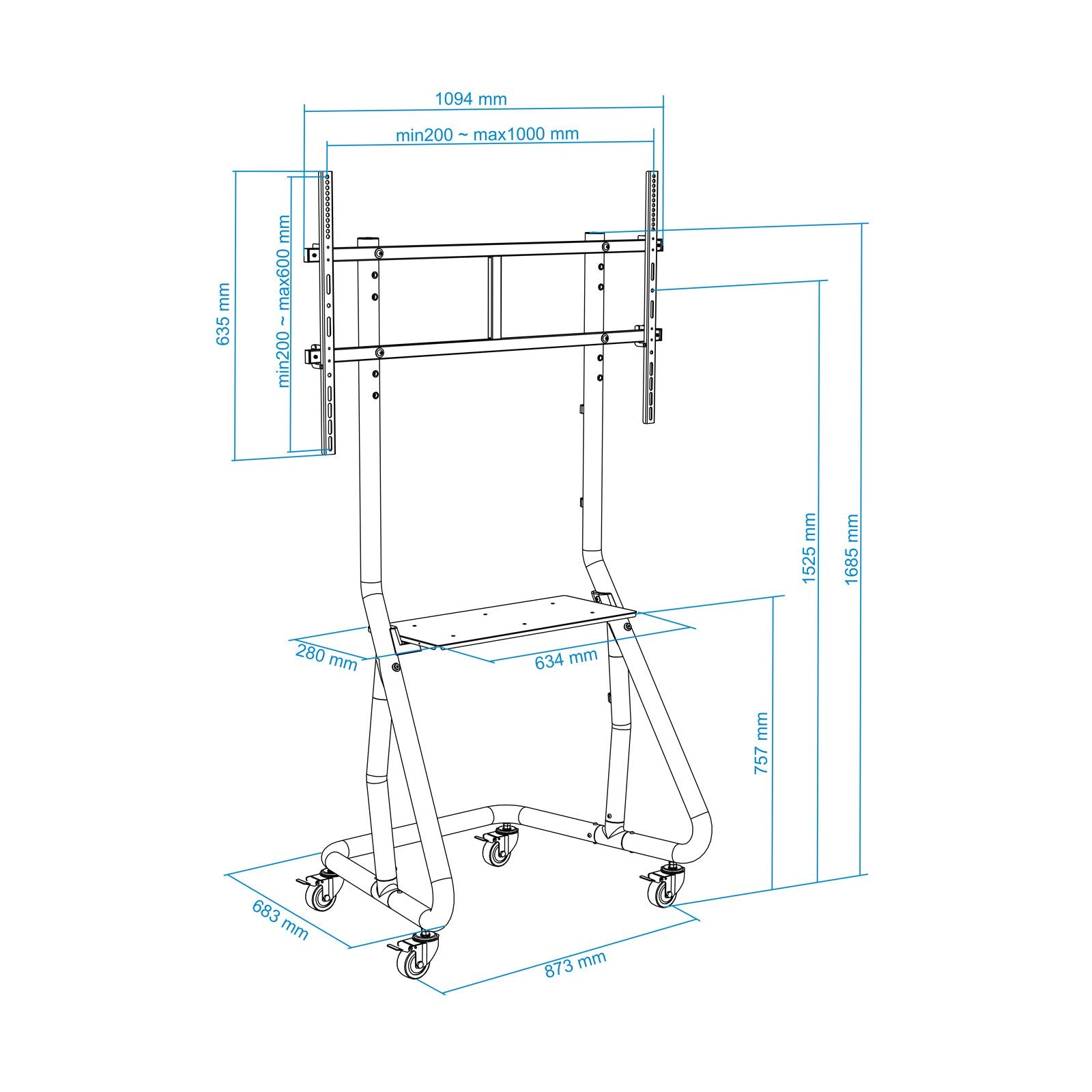 Tooq Soporte De Pantalla De Suelo Con Ruedas 60"-105" - Bloqueo De Ruedas - Sistema Antirrobo - Gestion De Cables -