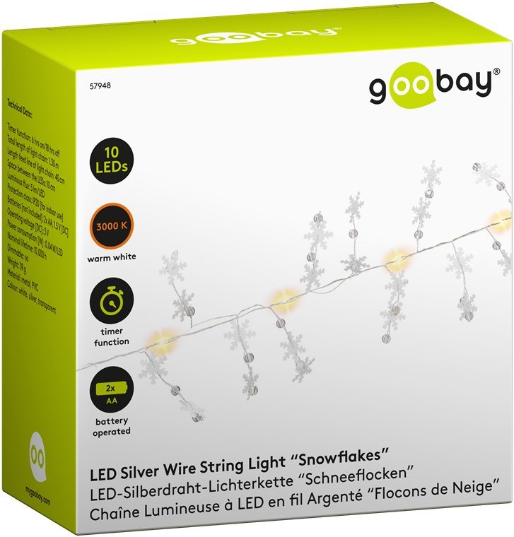 Guirnalda De Luces De Alambre Plateado "Copos De Nieve" Con 10 Led
Con Función De Temporizador, Blanco Cálido (3000 K), Funciona