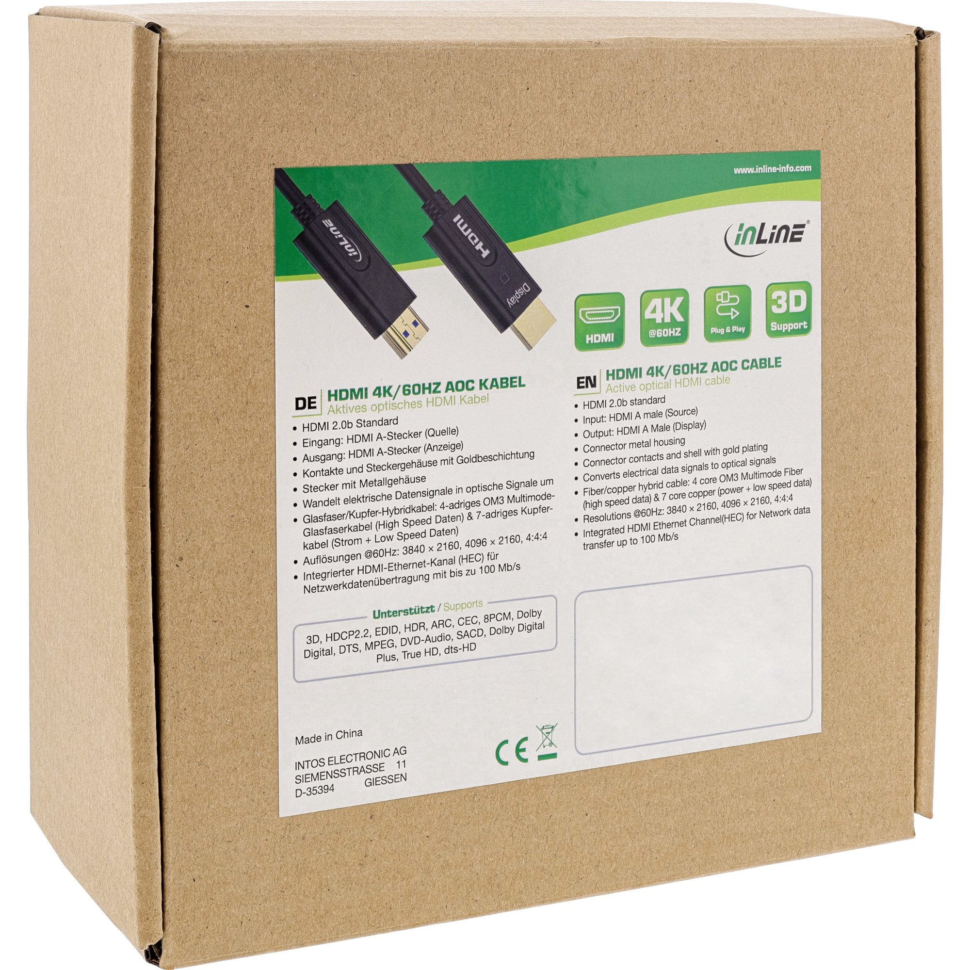 Inline® Hdmi Aoc Cable, High Speed Hdmi With Ethernet, 4k/60hz, Macho / Male, 10m