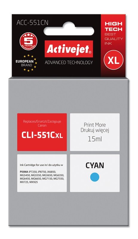 Tinta Activejet Acc-551cn (Reemplazo Canon Cli-551c - Supreme - 15 Ml - Cyan