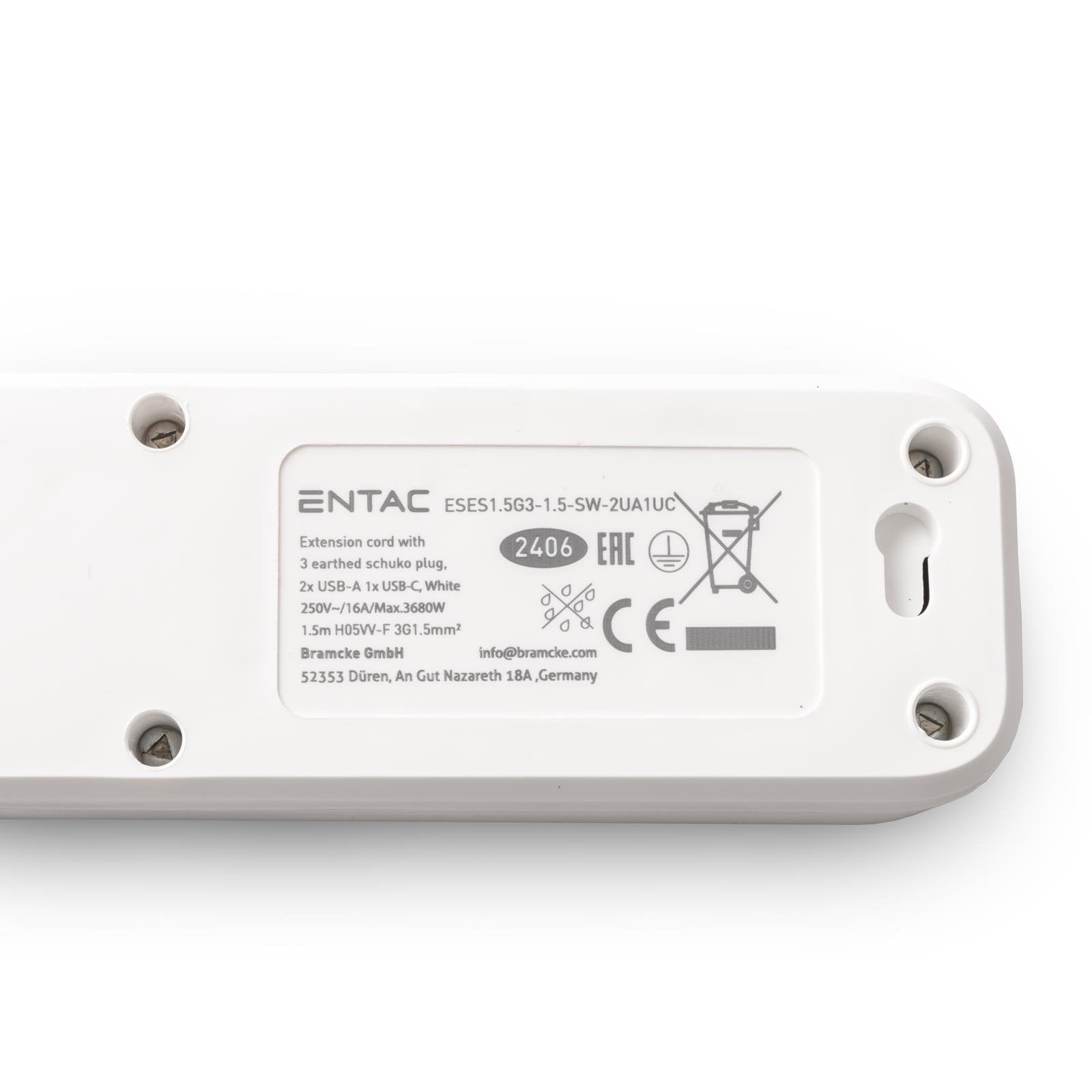 Entac Meckdosenleime 3fach 2x Usb-A & 1 Usb-C, 1,5m Blanco