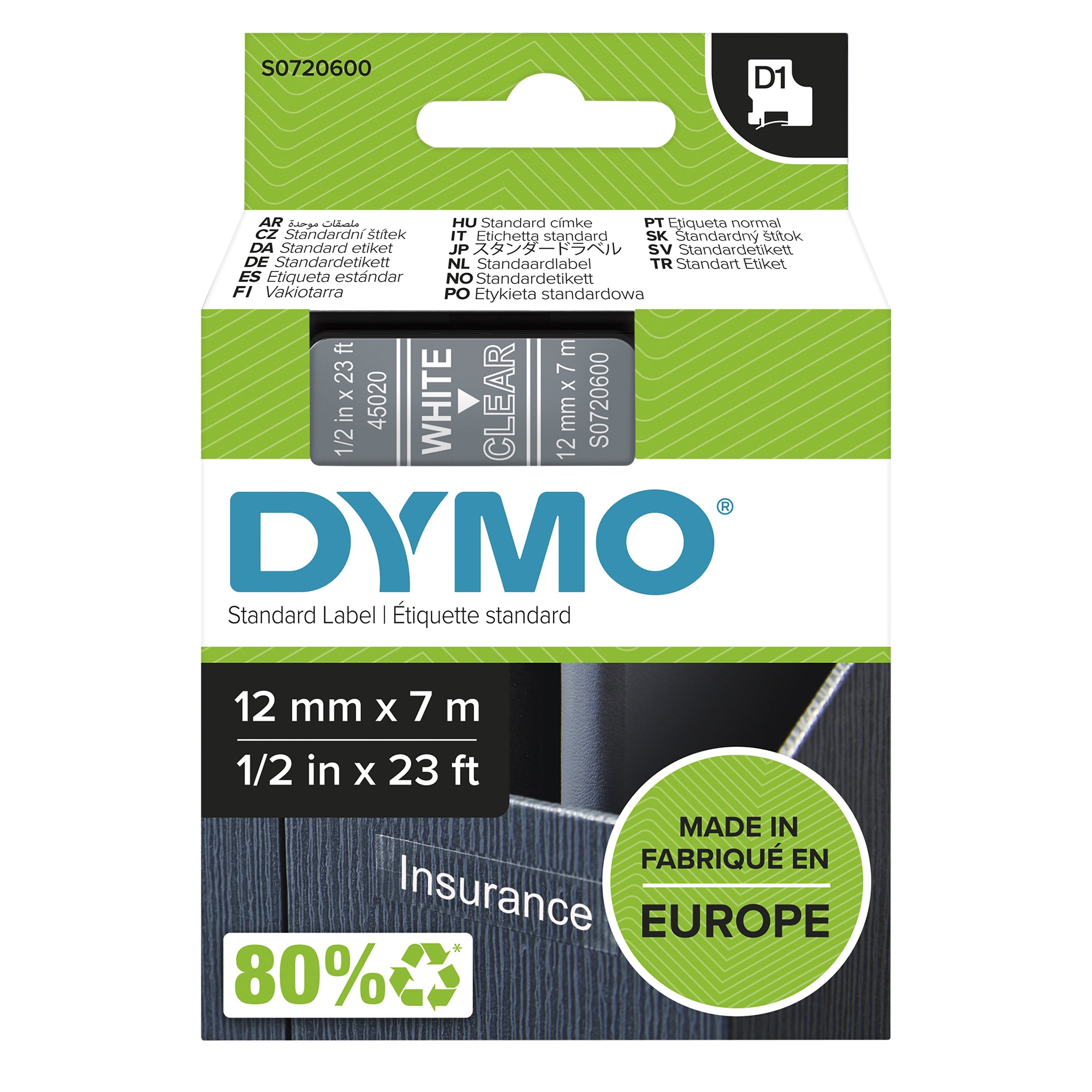 EAN 5411313450201 - DYMO D1 Standard - White on Transparent - 12mm cinta para impresora de etiquetas Blanco sobre transparenc imagen 2