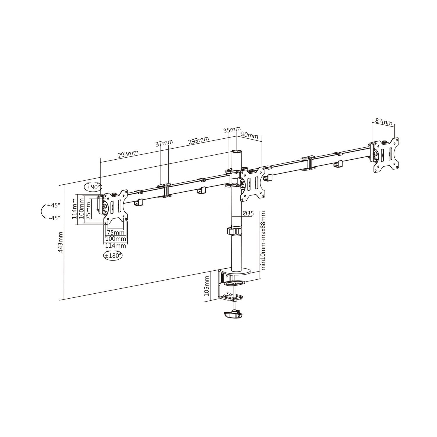 Aisens Soporte De Mesa Eco Giratorio E Inclinable Para 3 Monitores 7kg (3 Pivotes, 2 Brazos) De 13-27, Negro