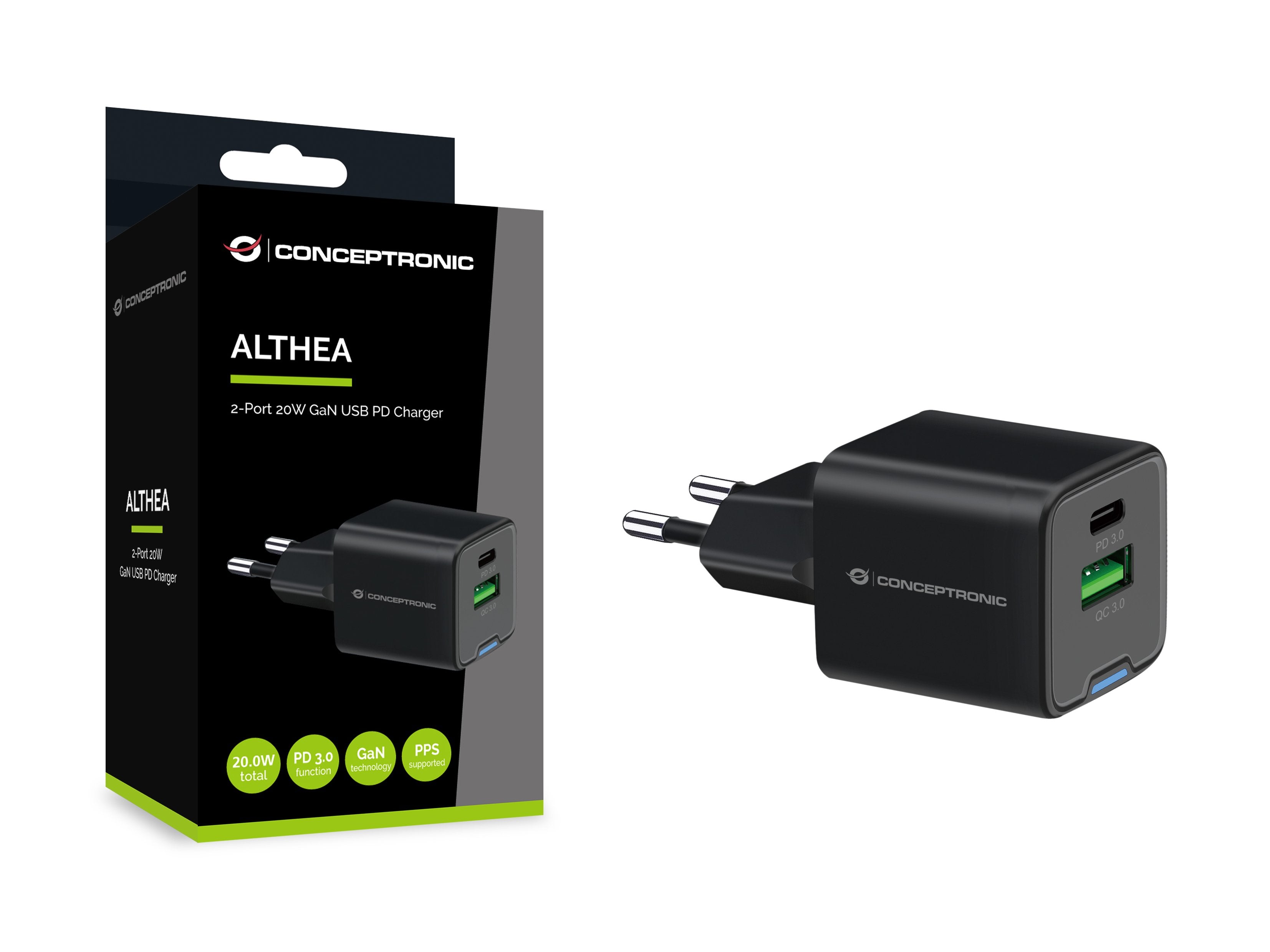 Conceptronic Cargador 2port 20w,1xusb-C,1xusb-A 1.5m Sw