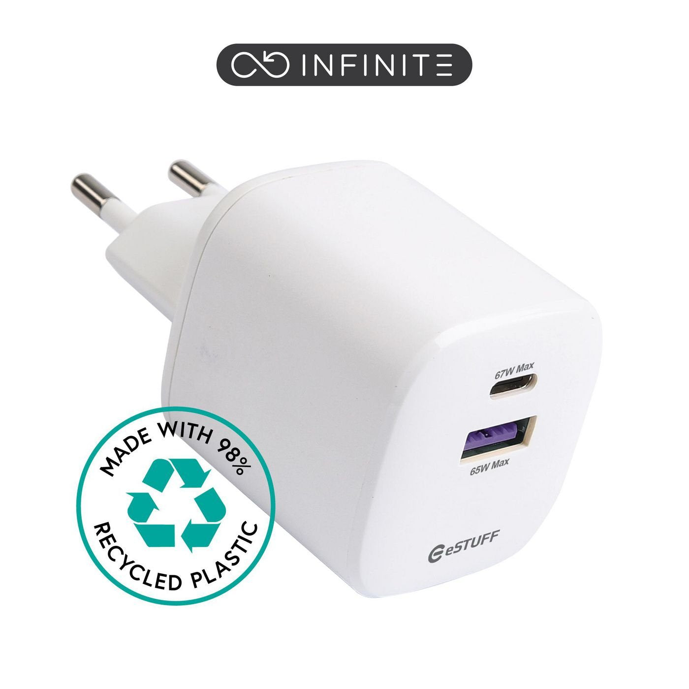 Infinite Usb-C Charger Eu Pd - 67w Gan. 1x Usb-C - 1 X - Usb-A. White. Recycled Plastic - Warranty: 60m