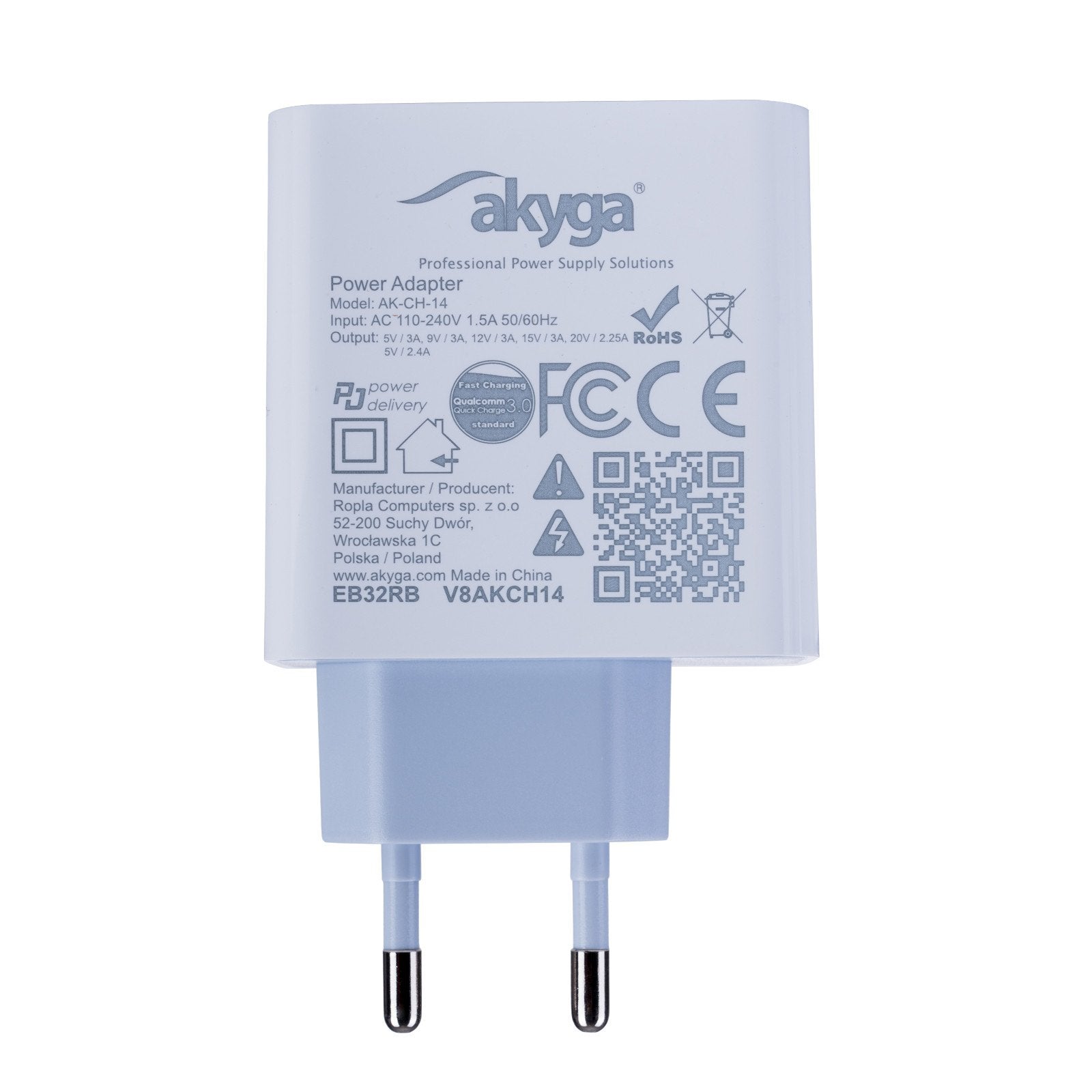 Akyga Cargador De Pared Ak-Ch-14 45w Usb-A + Usb-C Pd Quick Charge 3.0 5-20v / 2.25-3a Blanco