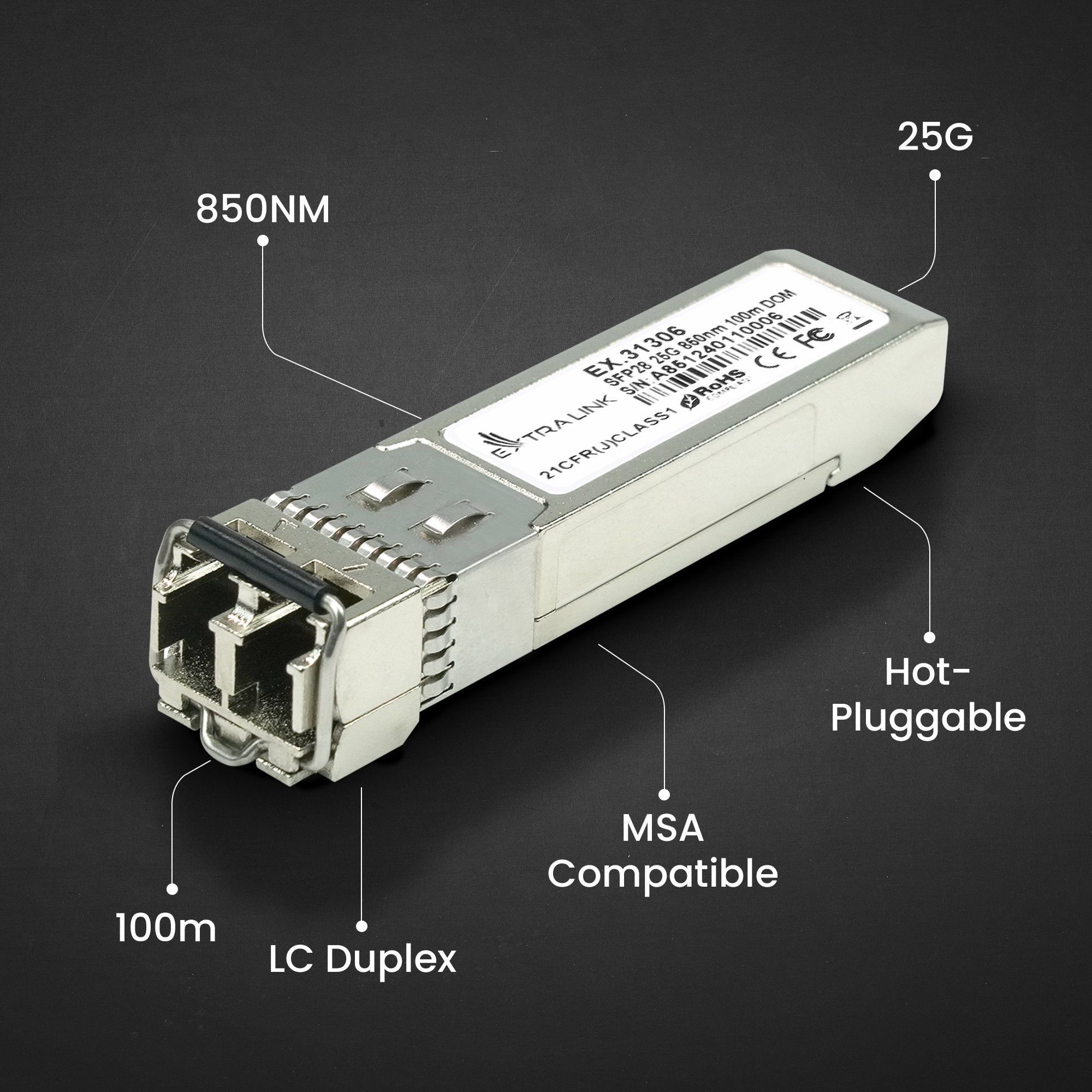 EAN 5906168631306 - Extralink SFP28 25G 2-Pack | Moduł SFP28 | 25Gbps, LC/UPC Duplex, 850nm, 100m, multi mode, DOM (EX.31306) imagen 7