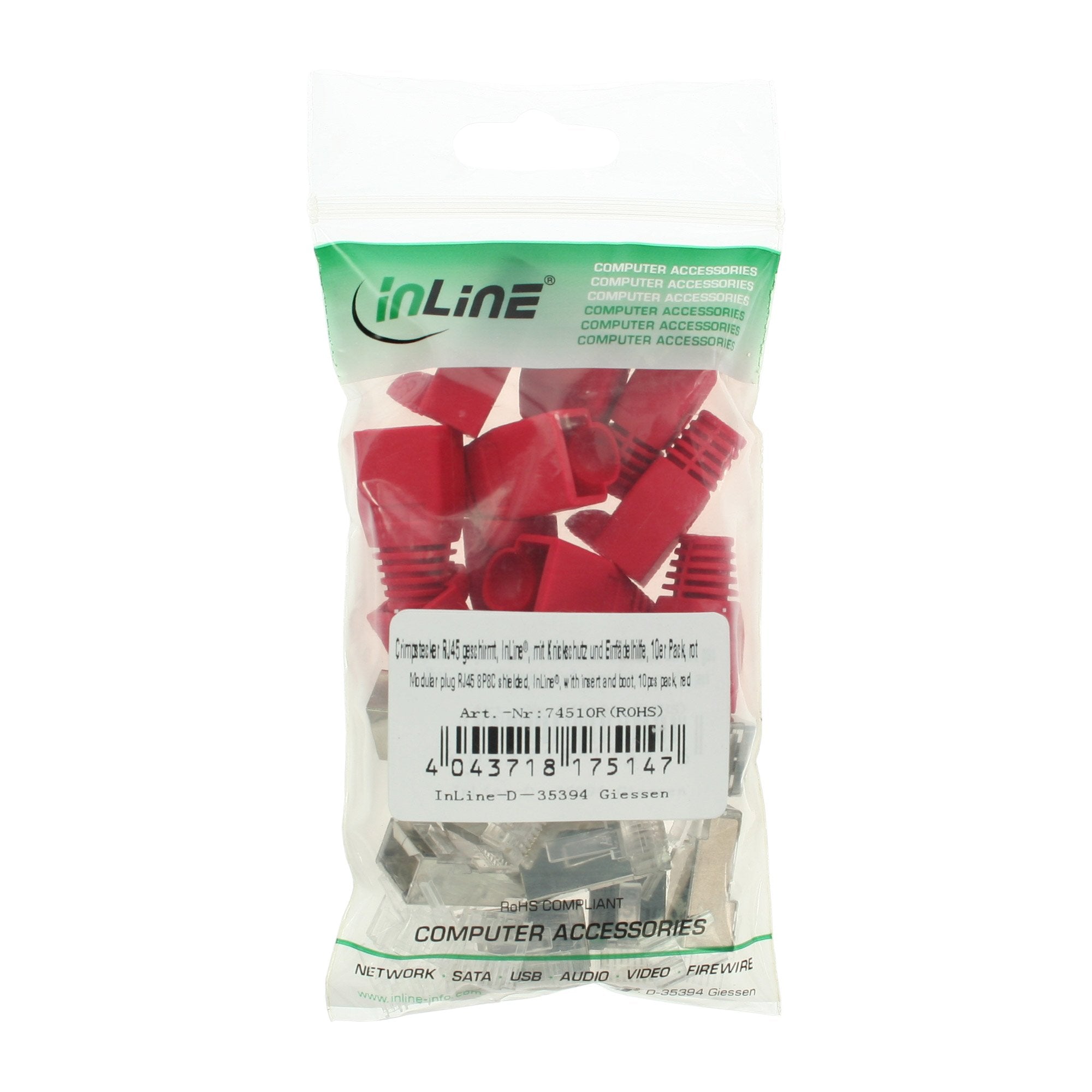 Conector De Crimpado Inline Rj45 Blindado Con Protección Contra Dobleces + Enhebrador Rojo 10 Uds.