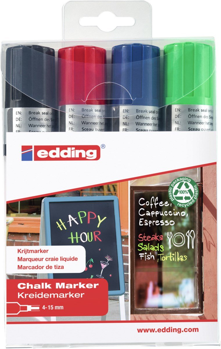 Edding 4090 Chalk - Marker - Para Vidrio, Spiegel, Tafel - Negro, Rojo, Azul, Verde Neón - Base Acuosa Tiza Líquida - 4-15 Mm (Paquete De 4)