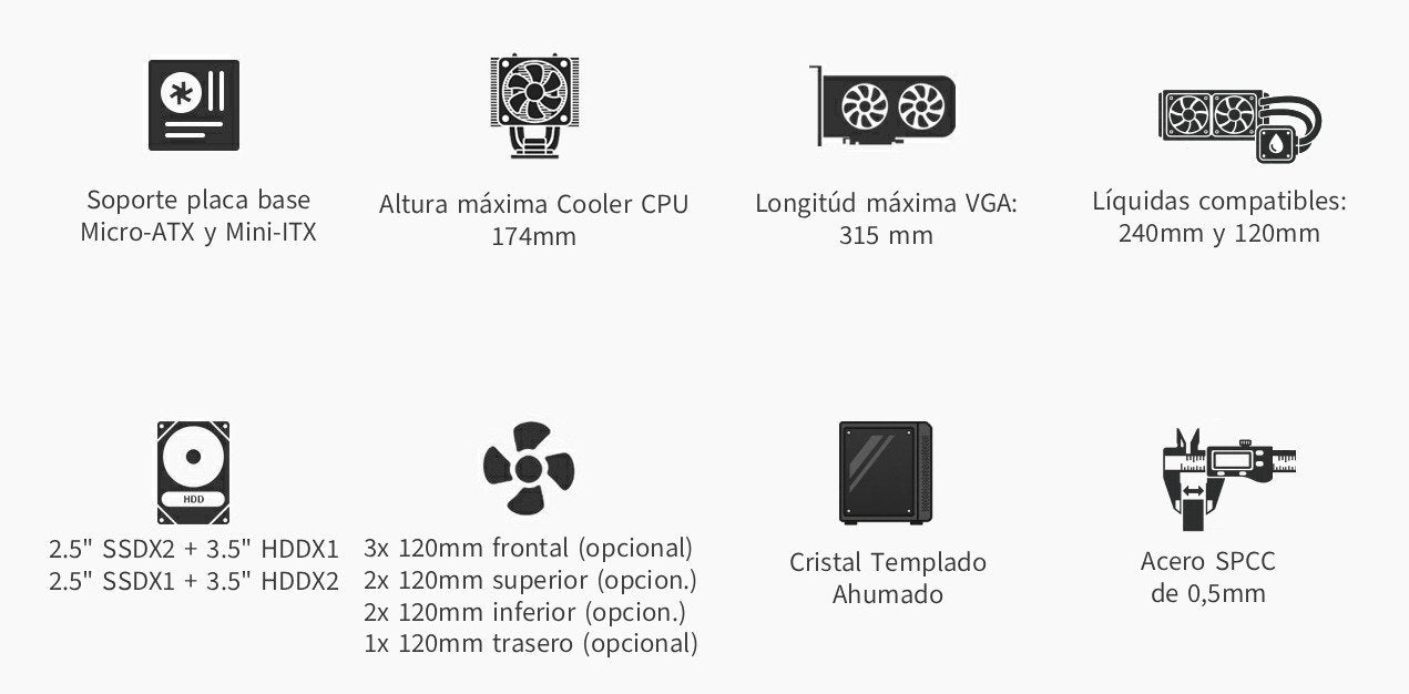 Coolbox Caja Microatx Gm350 Darkface Gpu Max 315mm Cristal Templado Liquida 240mm Usb-C Negra