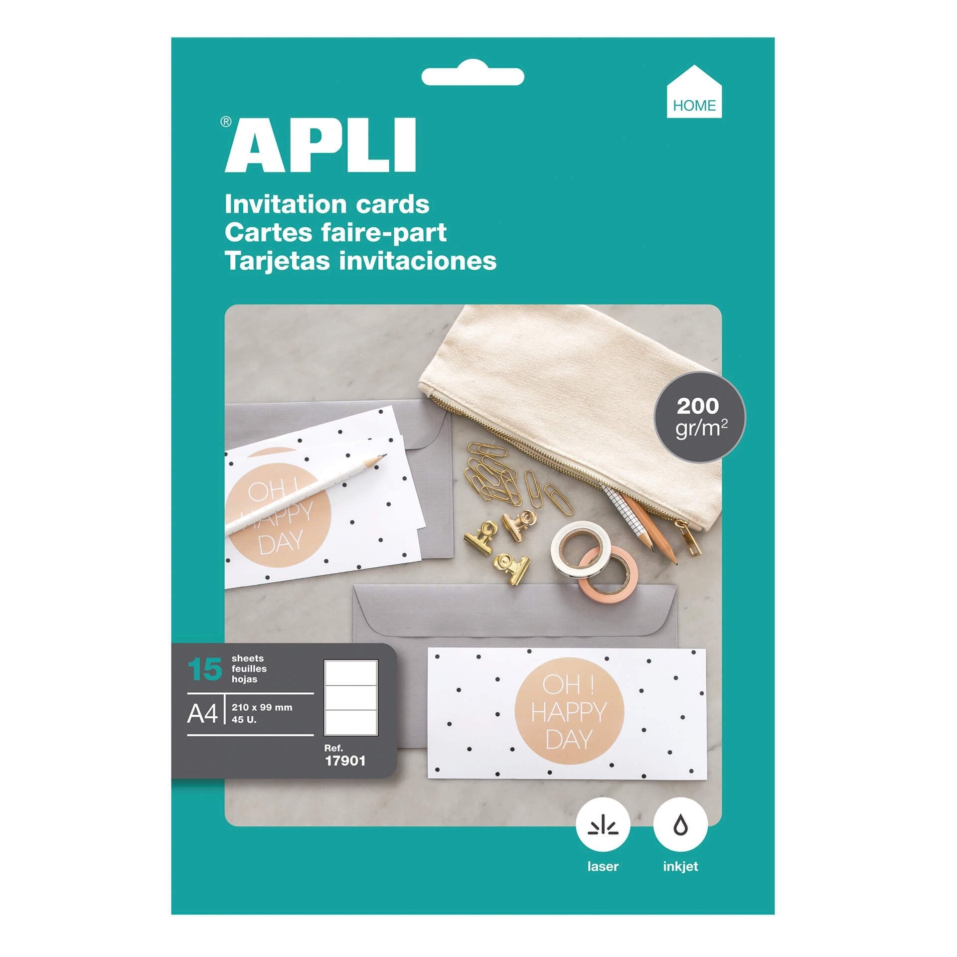 Apli Tarjetas De Invitacion Hogar 210 X 99mm 200 Gr 15 Hojas