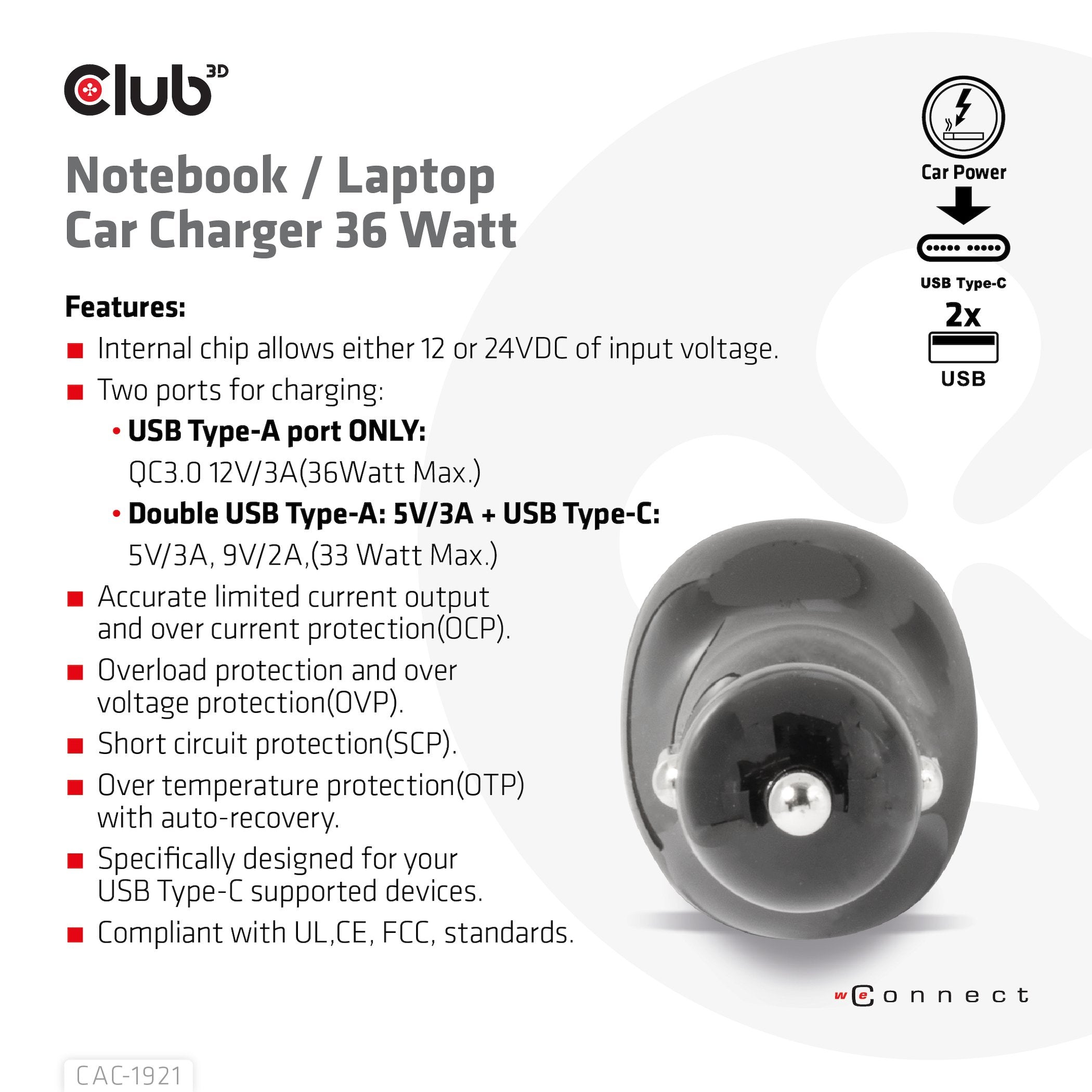 Cargador De Coche Usb Club3d 1xusb C, 2xusb A, 36w, 12 24v