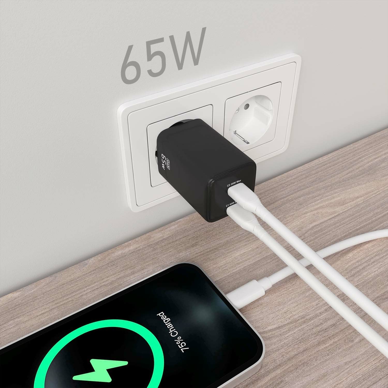 Aisens Cargador Gan De Pared 2xusb Tipo-C 65w Asch-65w2p040-Bk