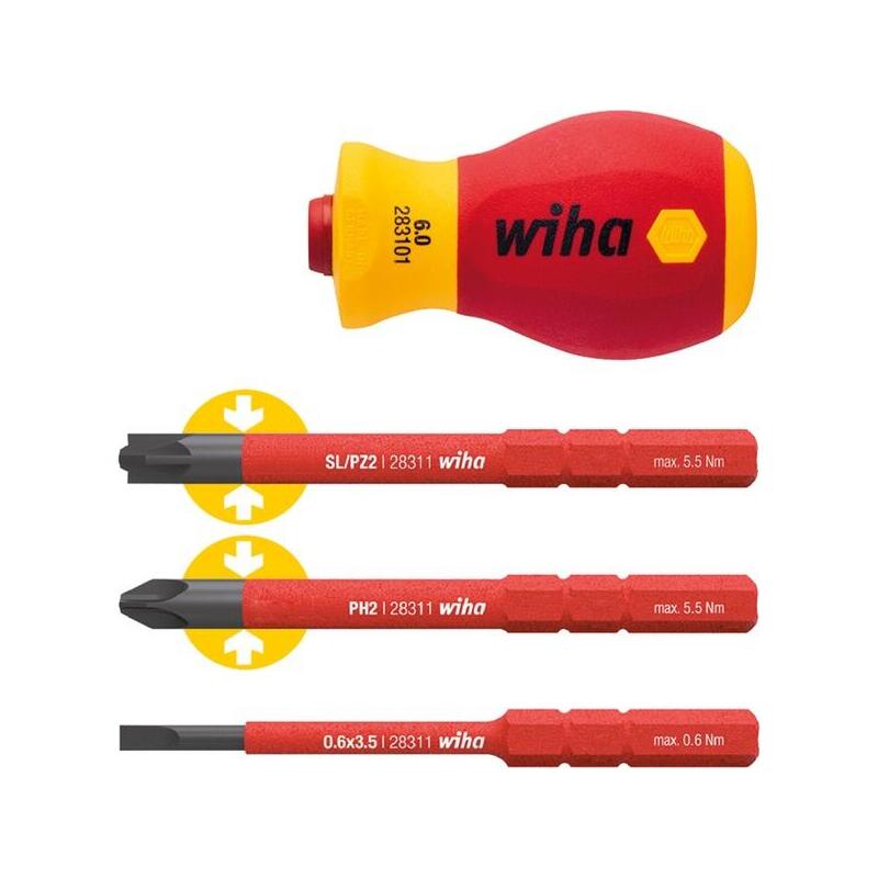 Destornillador Wiha Con Juego De Portapuntas Softfinish Electric Slimvario, 4 Piezas Rojo/Amarillo, Rechoncho Con Slimbits