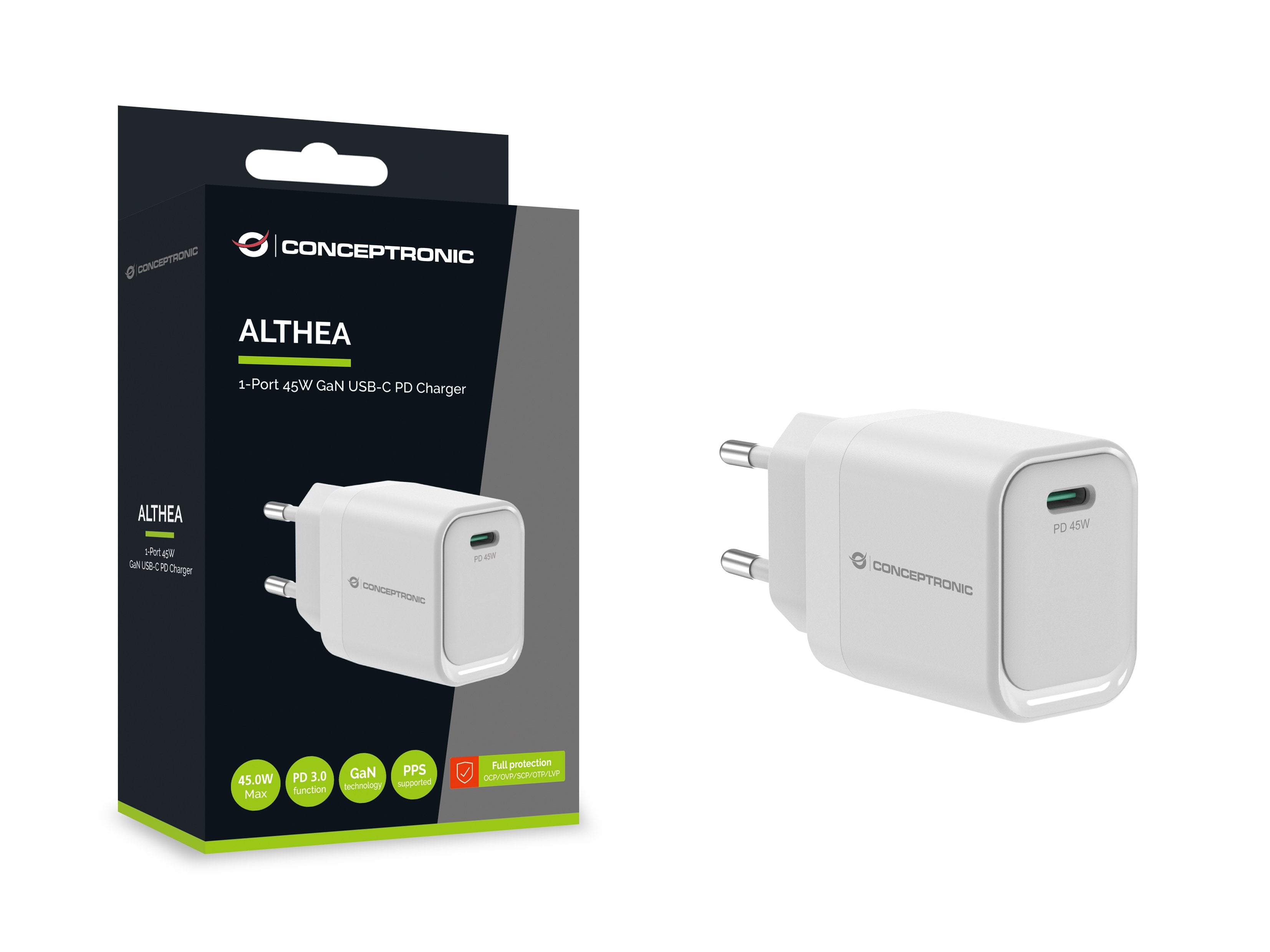 Conceptronic Cargador 1port Gan Usb-C 45wpd3.0 Pps Ws
