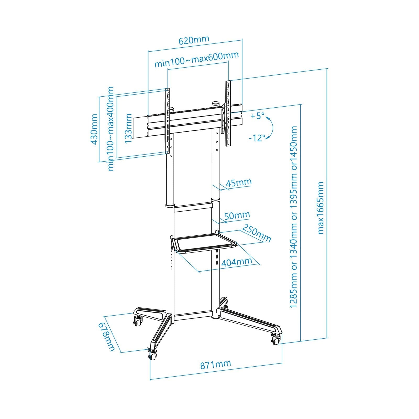 Tooq Ramses Soporte De Suelo Con Ruedas Para Pantallas 37" A 70" - Bloqueo De Ruedas - Estante - Gestion De Cables -