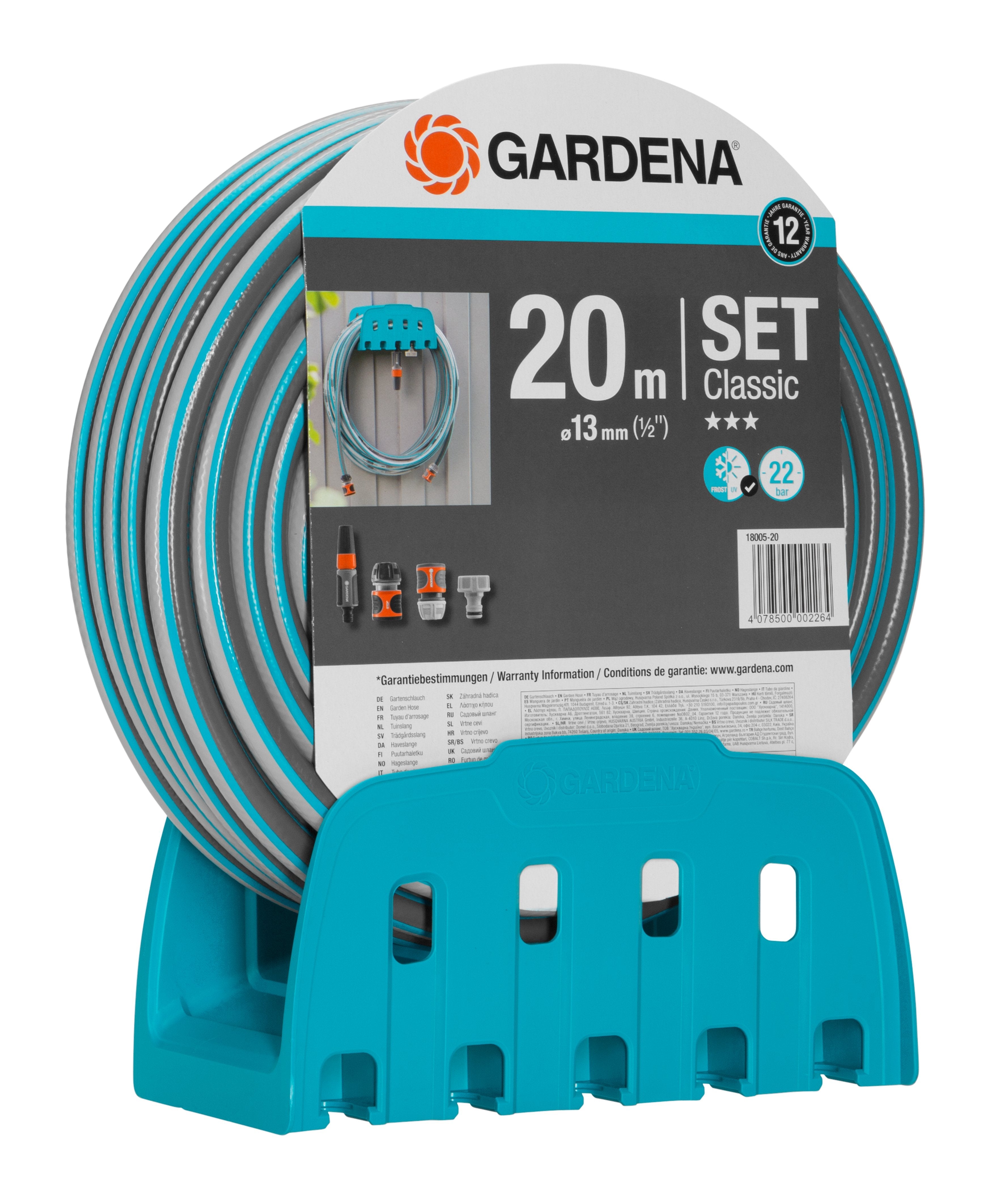 Portamanguera De Pared Gardena Con Manguera Classic Gris/Turquesa, 20 Metros, Con Conexiones Y Jeringa 18005-50