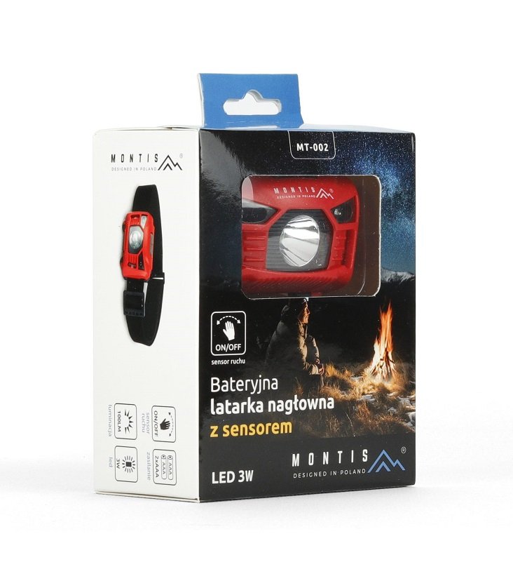 Linterna Montis Bateryjna Latarka Naglowna Z Sensorem Mt002 Rojo, Negro Con Diadema Led