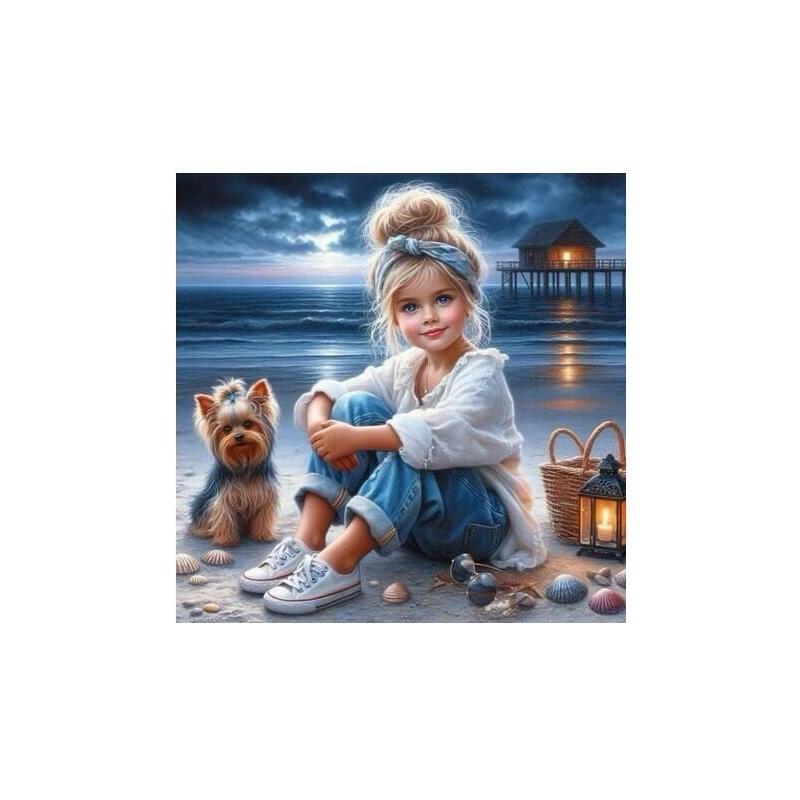 Diamentowa Mozaika - Dziewczynka Siedzaca Z Pieskiem Na Plazy