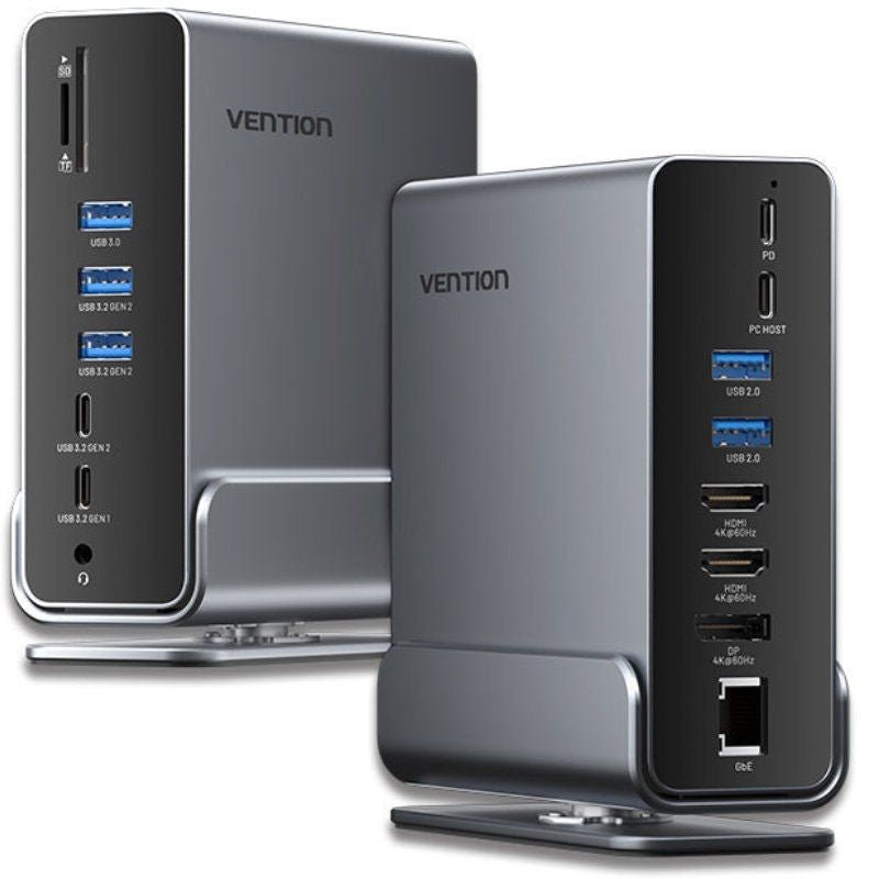 Docking Usb Tipo-C Vention Tpuh0 2xhdmi 1xdisplayport 3xusb Tipo-C 5xusb 1xrj45 1xlector De Tarjetas 1xjack 3.5 1xusb Tipo-C Pd Gris