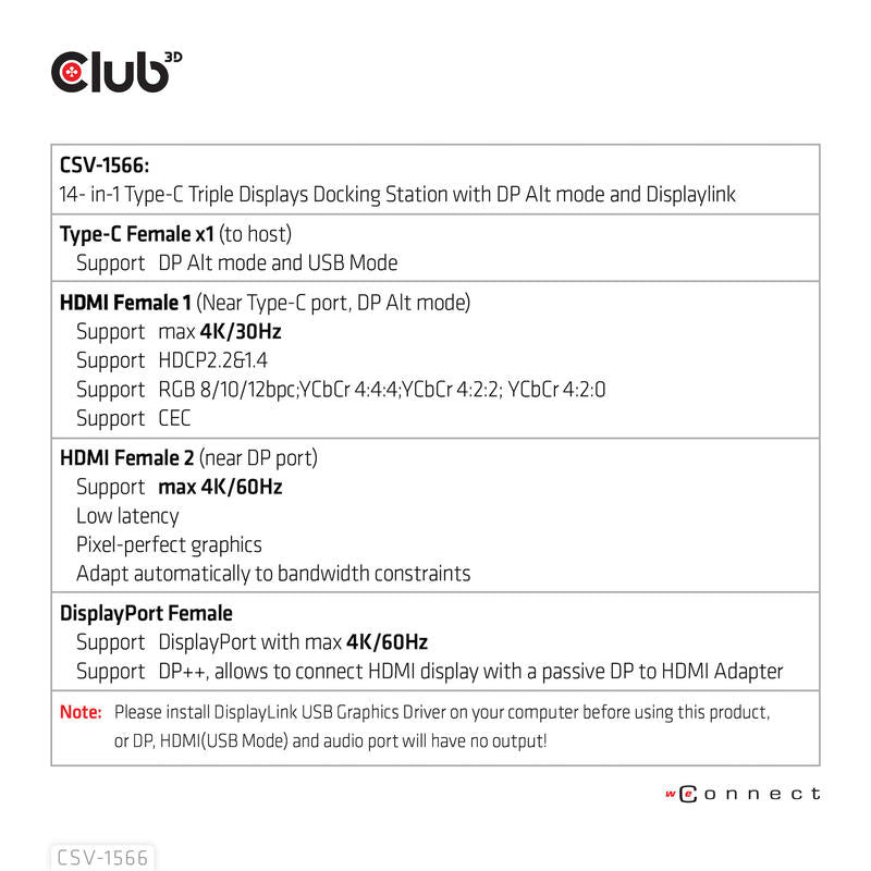 Dockingstation Club3d Csv-1566 (Usb Gen1 Type-C Triple Display Dp Alt Mode + Displaylink  Dynamic Pd Charging Docking Con 120 Watt Ps)