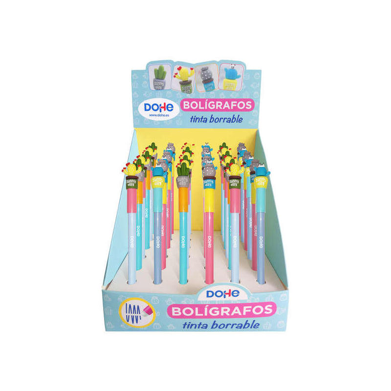 Dohe Expositor De 36 Boligrafos Cactus - Tinta Azul Borrable - Capucha Con Motivo Cactus