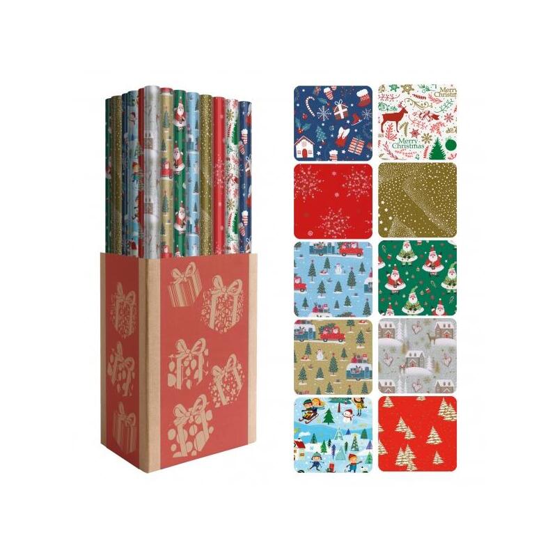 Dohe Navidad Expositor De 50 Rollos De Papel Regalo - 10 Diseños Diferentes - 5 Rollos Por Diseño - Medidas Del Rollo