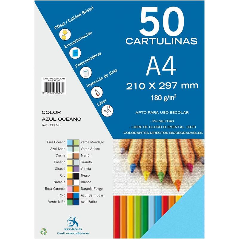 Dohe Pack De 50 Cartulinas A4 180 G/M² - Aptas Para Impresion - Ph Neutro - Libres De Cloro Elemental - Color Azul
