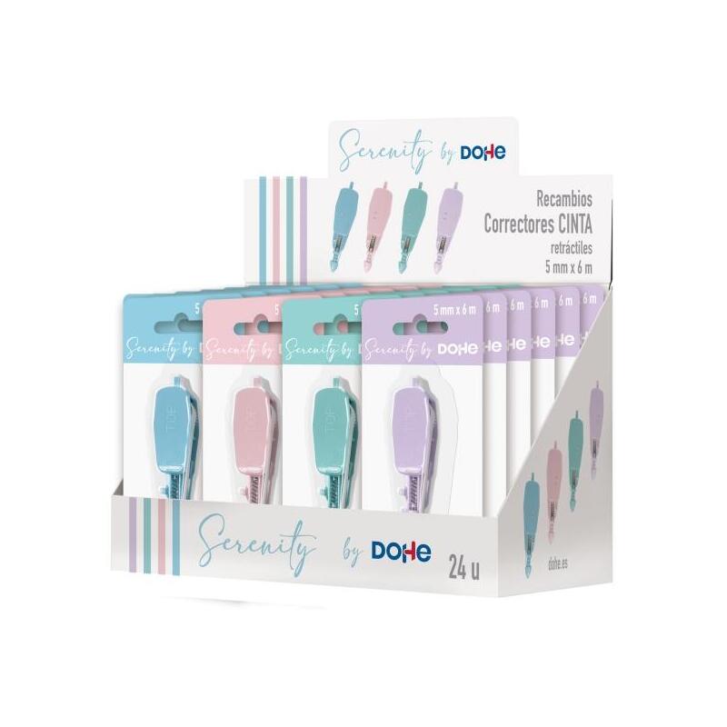 Dohe Serenity Expositor Con 24 Recambios De Cinta Correctora - 5mm X 6m - Retractil - Colores Surtidos