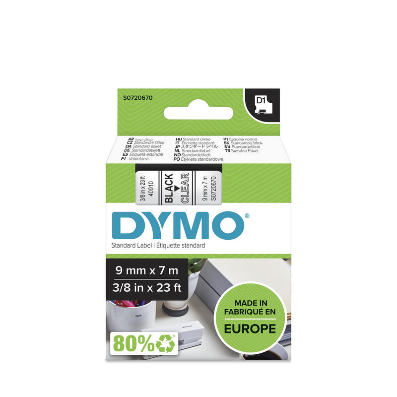 Dymo Cinta De Transferencia Termica D1 40910. Etiquetas Estándar Negro Sobre Transparente De 9mmx7m. Poliester Autoadhesiva. Rotuladora Labelmanager