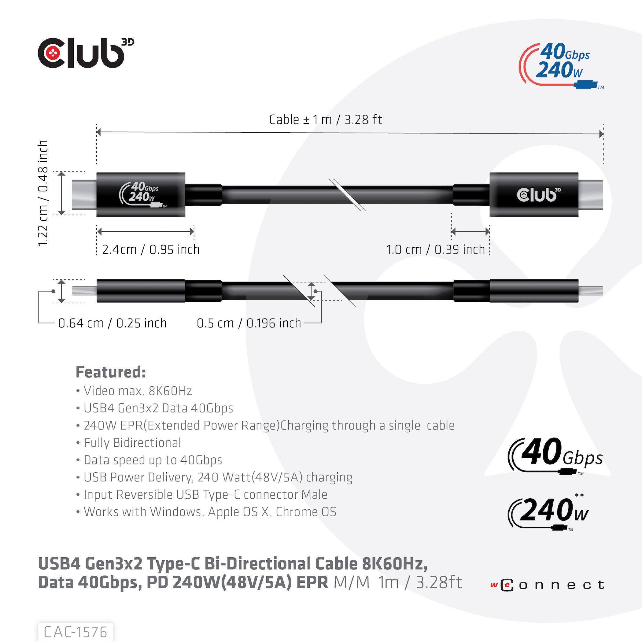 Club3d Cable Usb Tipo C  Pd 240w / 8k / 40gbps 1m M/M Retail