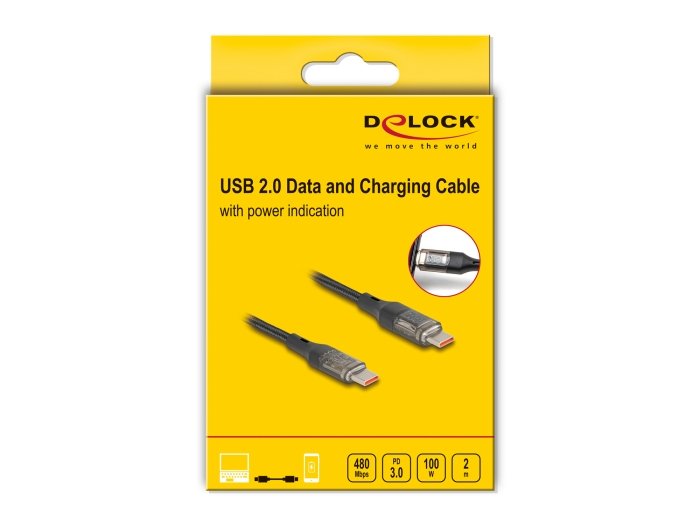 Delock 85409 Cable De De Datos Y Carga Rápida Usb 2.0 Usb Type-C Macho A Macho Pd 3.0 100 W Con Indicación De Potencia Transparente 2 M