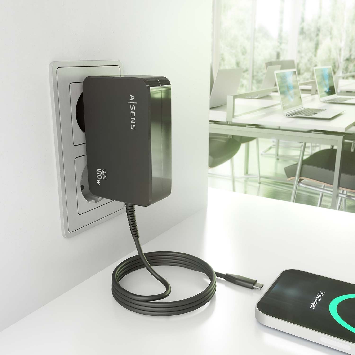 Aisens Cargador Gan 100w Pd3.0 1xusb-C 1.8m, Negro