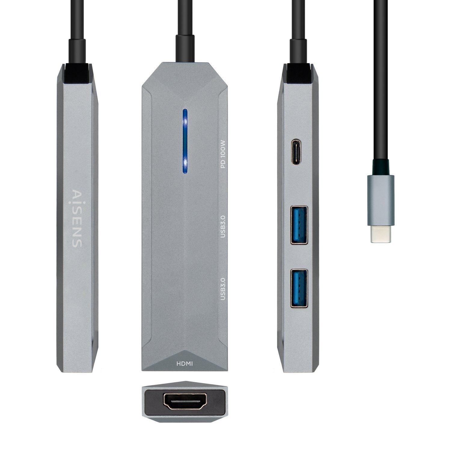 Aisens Usb-C Dock 4 En 1 - Usb-C A 1xhdmi - 2xusb - 1xpd - 15cm - Gris