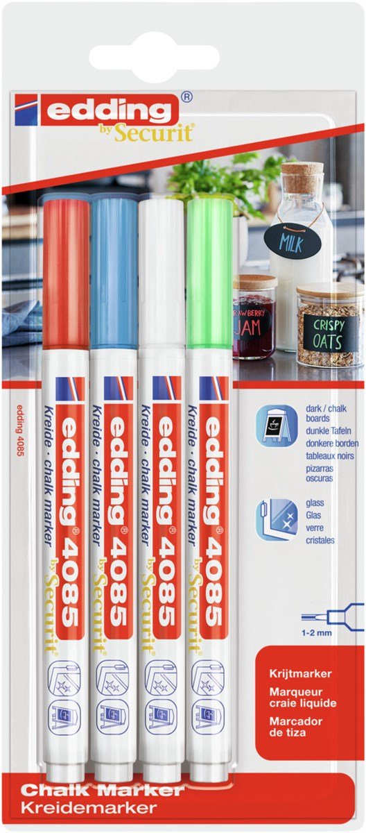 Edding 4085 Basicos Pack De 4 Rotuladores De Tiza Liquida - Punta Redonda - Trazo 1-3mm - Olor Neutro - Colores Blanco,