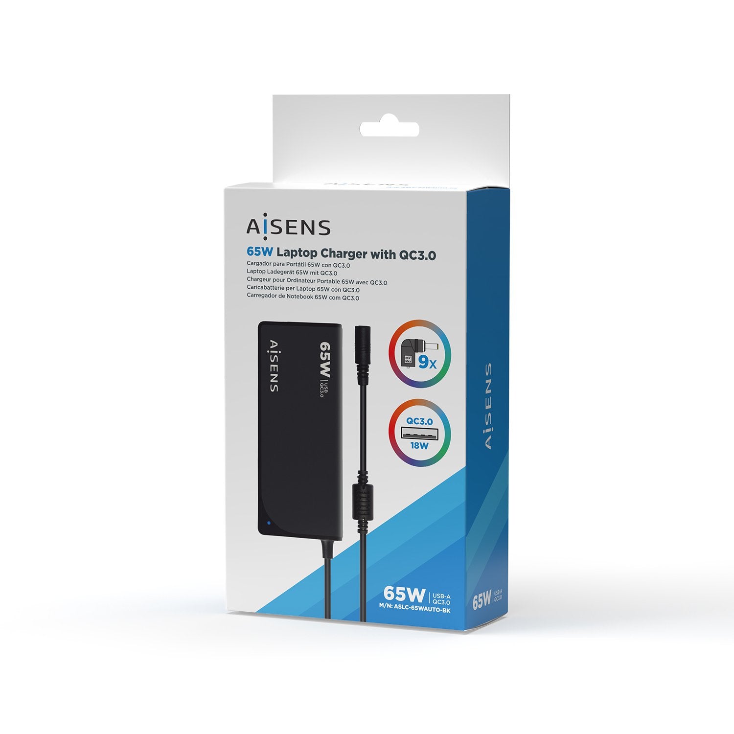 Aisens Cargador 65w Automatico Universal Para Portatil 9 Conectores + Usb-A Qc.3.0 - Negro